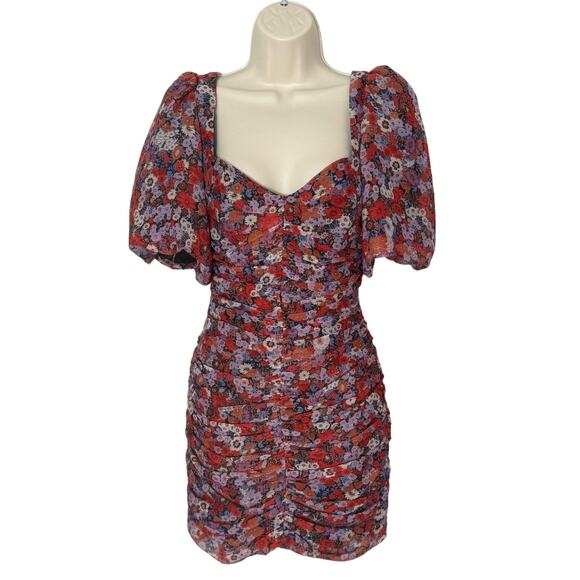NWT Zara Floral Puff Sleeve Ruched Mini Dress Size XS - Picture 4 of 16